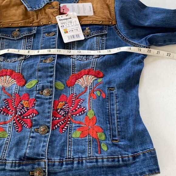 Desiqual Embroidered Flowers Western Denim Jean Jacket Stretchy Mixed Media Boho - Picture 13 of 16
